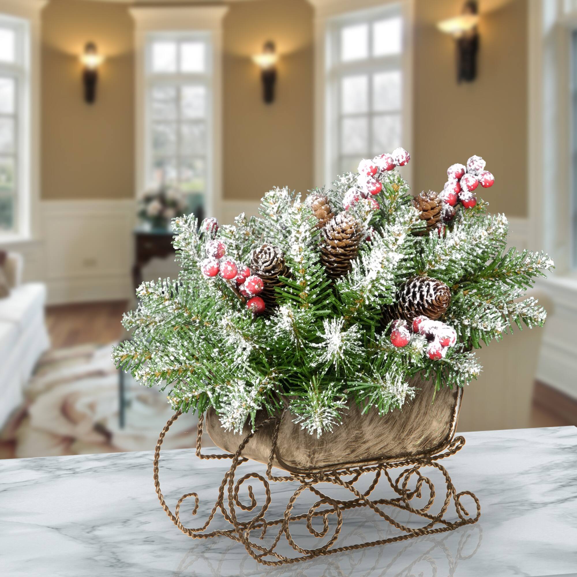 10" Dunhill Fir Sleigh With Snow, Berries & Cones